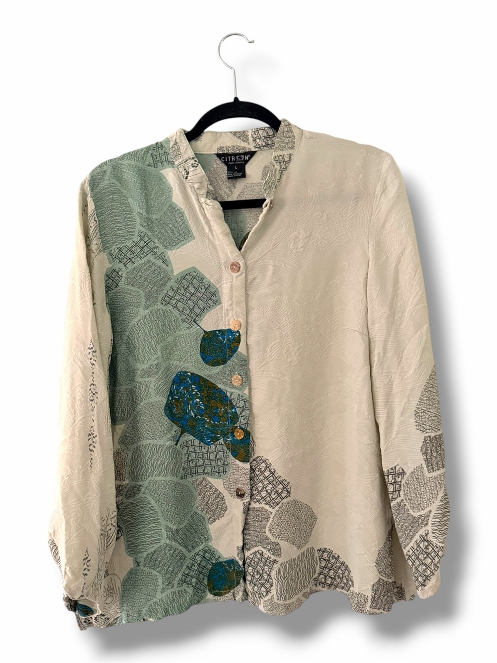Citron Santa Monica Sage Green Silk Jacquard Textured Button Down Shirt Large